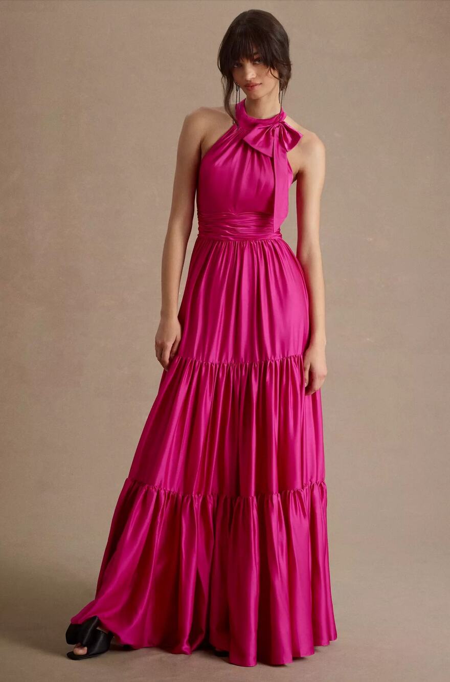 Mac Duggal Pink Tiered Ruffle Halter Gown